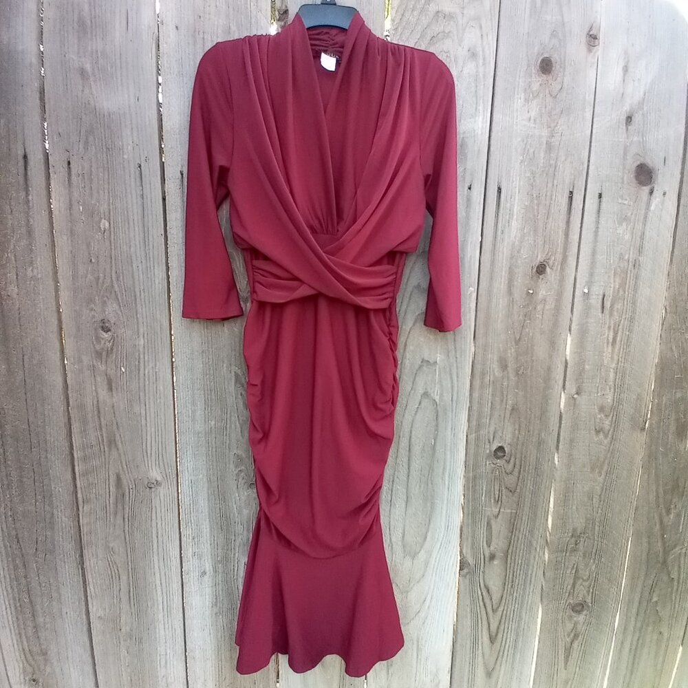 Venus Ruched Halter Wrap V-Neck Dress M Burgundy Mermaid Style Stretched